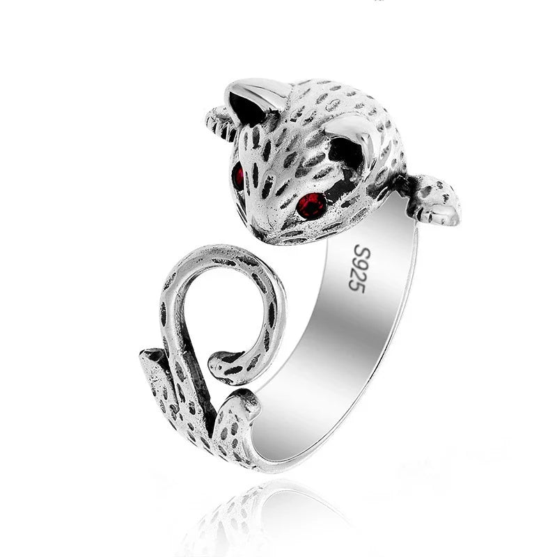 Anillo Ajustable Gato Pintado a Mano en Plata 925