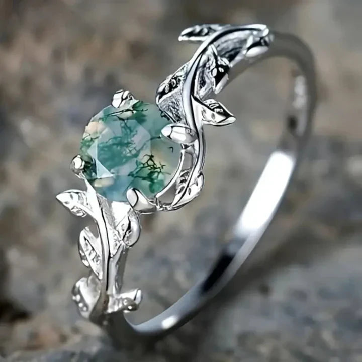 Anillo Piedra Verde Plateado Vintage