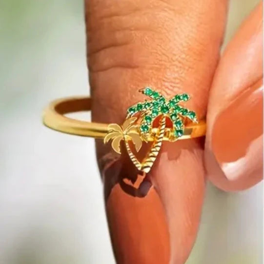 Anillo Palmera Verde Brillante en Oro Vintage
