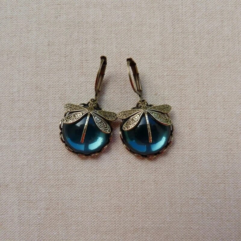 Pendientes de Libélula con Cristal Azul en Oro Antiguo