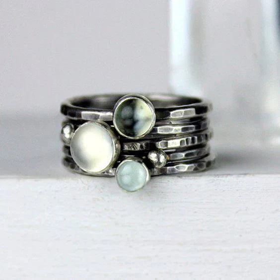 Anillo Multicapa Cristal Lunar en Plata Vintage