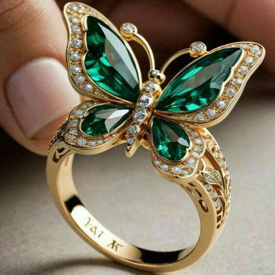 Anillo Mariposa de Cristal Verde Vintage