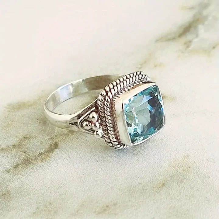 Anillo Azul Claro Templado Plateado Vintage